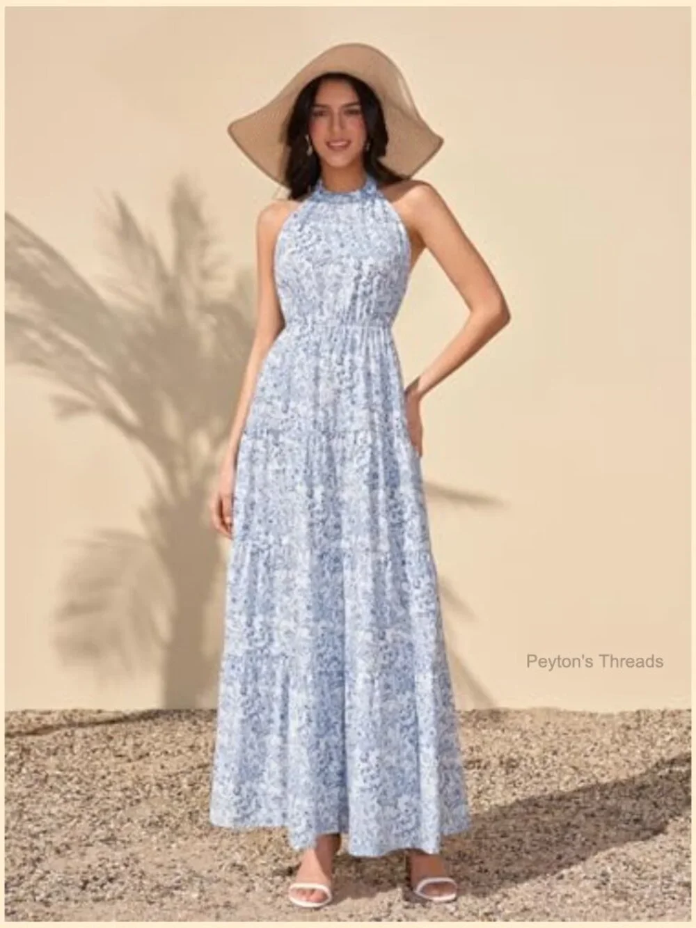 Halter Boho Maxi Dress with Floral Print - A-Line Flowy Tiered for Wedding - Picture 4 of 6